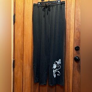 Black lightweight Pants with White Butterfly Floral Accent